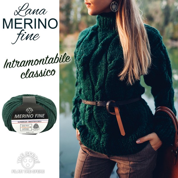 Gomitolo pura lana 100% merino fine Tre Sfere +- 125 mt. ferri o uncinetto 4/4,5