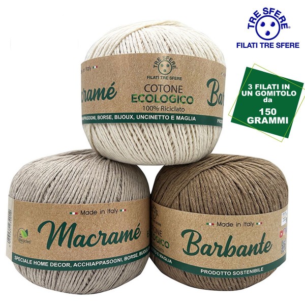 Gomitolo cordoncino da 150 gr. 200 mt. Macrame Barbante 80% cotone 20% poliestere interamente riciclato oeko-tex®
