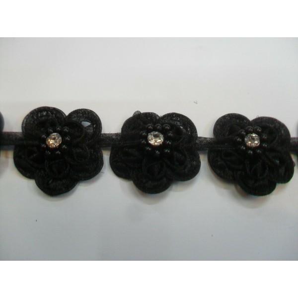 50 cm passamaneria fiori organza, strass e perline altezza 3 cm. per decorazioni abbigliamento e varie