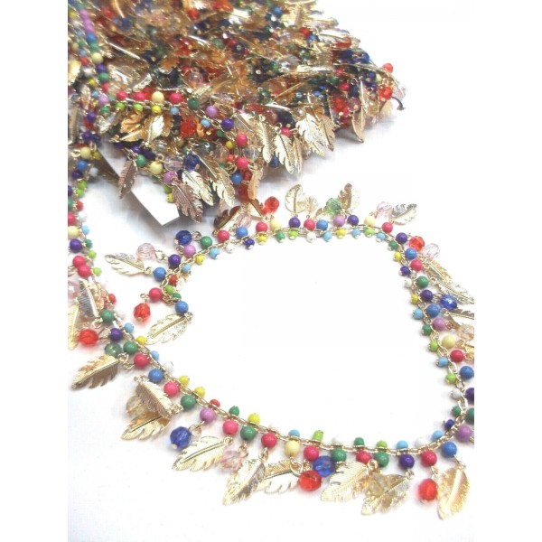 Passamaneria perline e foglie oro h. 3,8 cm. per abbigliamento borse e coffe taglio da 50 cm.