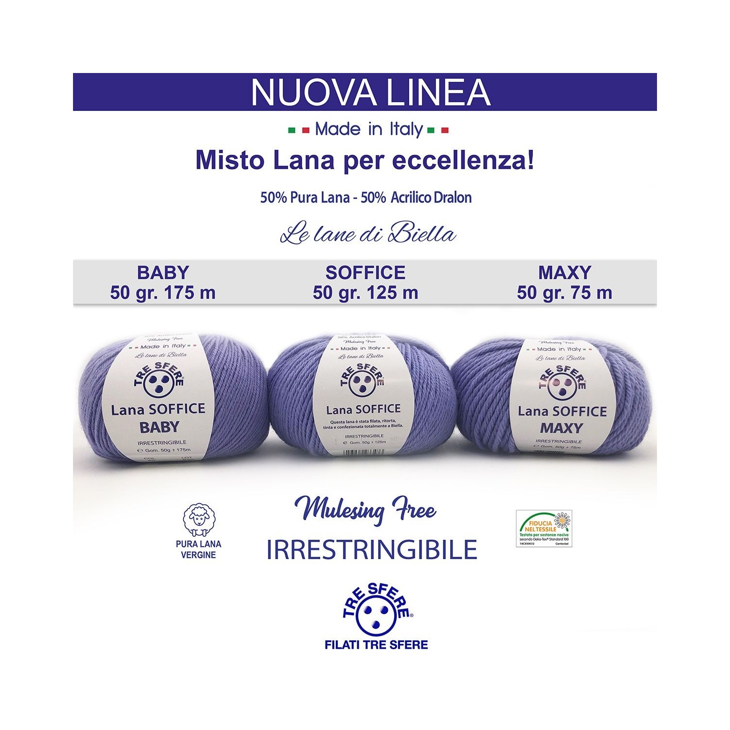 Gomitolo Lana Soffice Tre Sfere 50% Lana 50% Dralon +- 125 mt. ferri o unc. 4/5