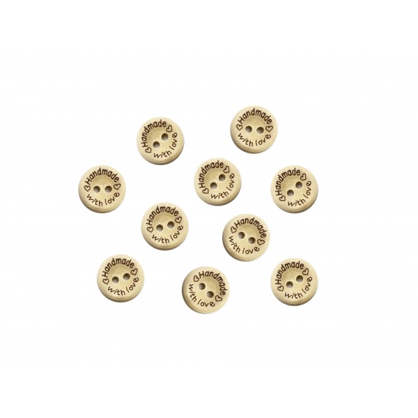 10 Bottoni in legno artigianali con scritta "Handmade With Love" varie misure a scelta