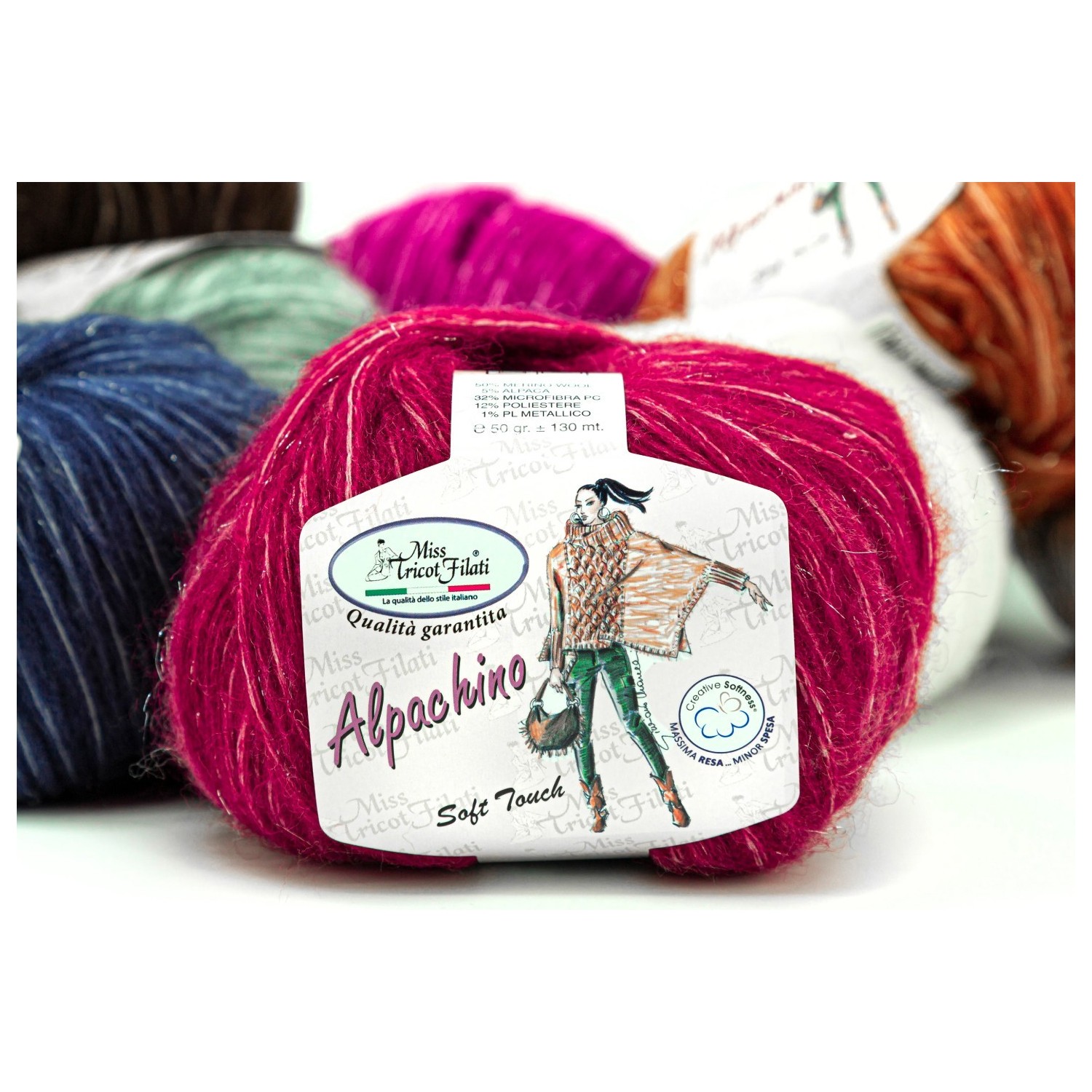 Gomitolo  da 50 gr. Alpachino della Miss Tricot Filati 50% merinos wool – 5% alpaca – 32%microfibra 1% pl metallizzato