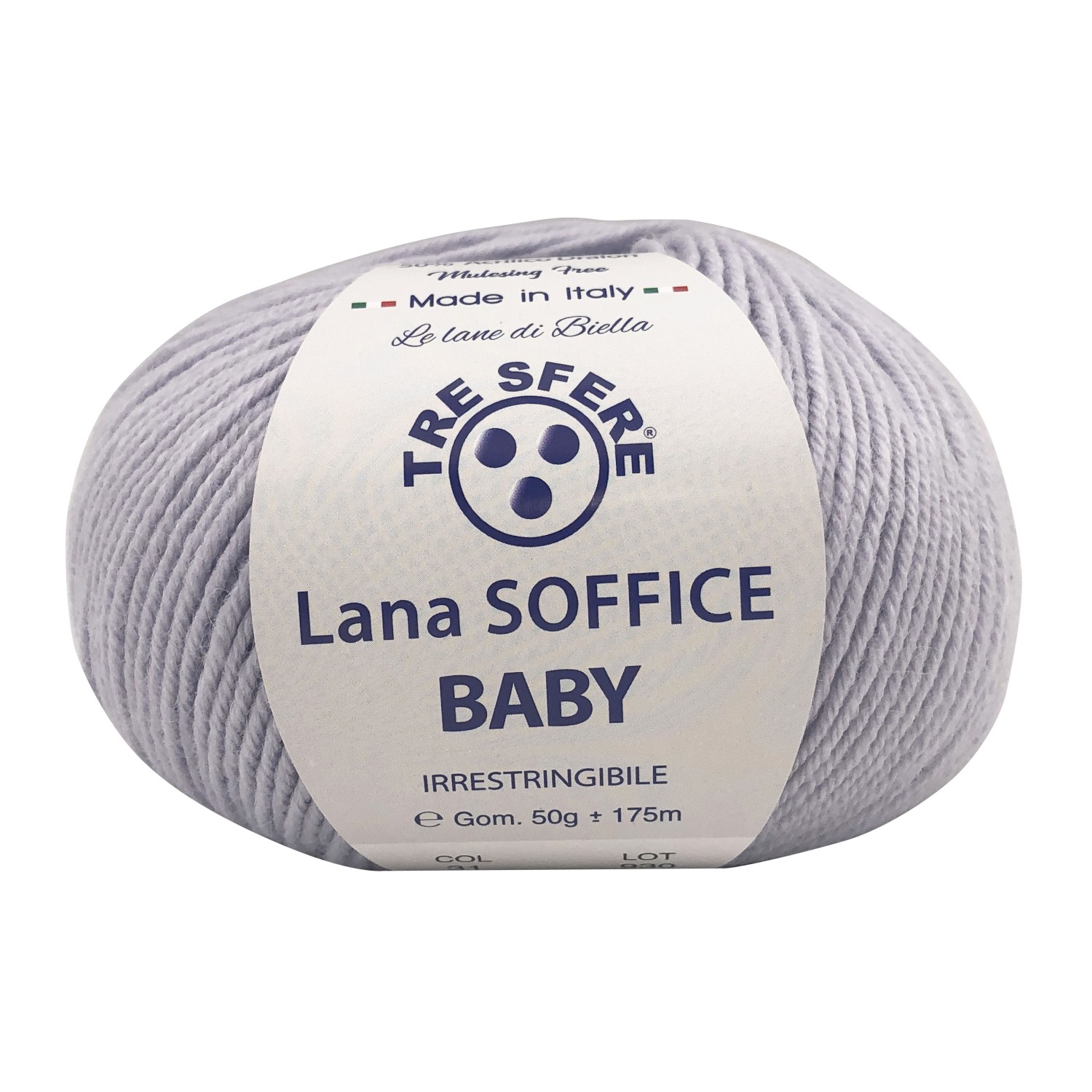 Gomitolo Lana Soffice Baby Made in Italy Tre Sfere 50% lana 50% dralon +- 175 mt. ferri o uncinetto 3/3,5