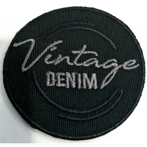 Toppa patch ricamo "Vintage Denim" 016A tessuto termoadesiva o cucire diametro 5 cm.