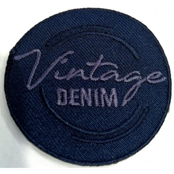 Toppa patch ricamo "Vintage Denim" 016A tessuto termoadesiva o cucire diametro 5 cm.