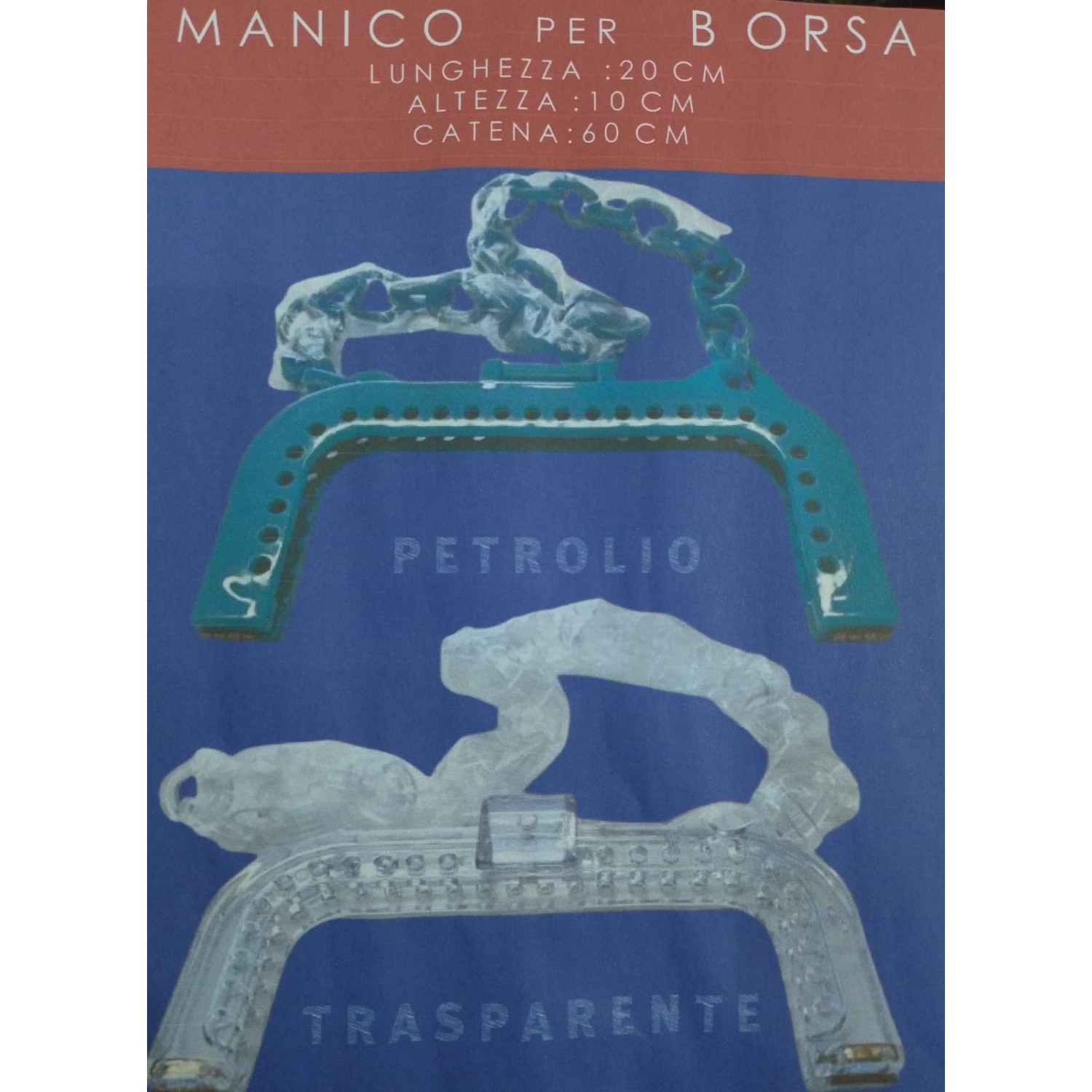 Chiusura in plastica per borsa 20x10 cm. con gancio magnetico e tracolla da 60 cm. vari colori