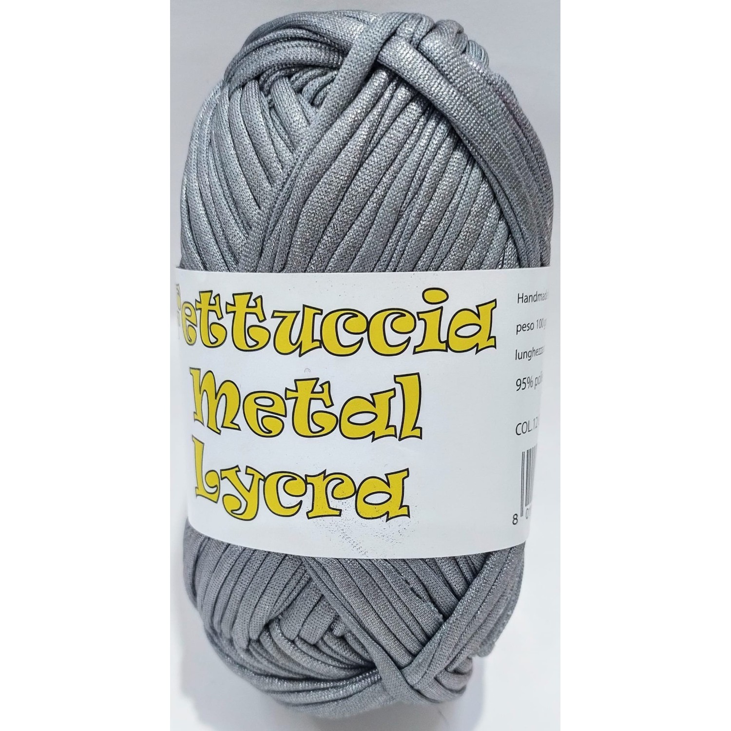 Gomitolo di fettuccia metallizzata x borse e varie elastica, peso +- 100 gr. 45 mt.