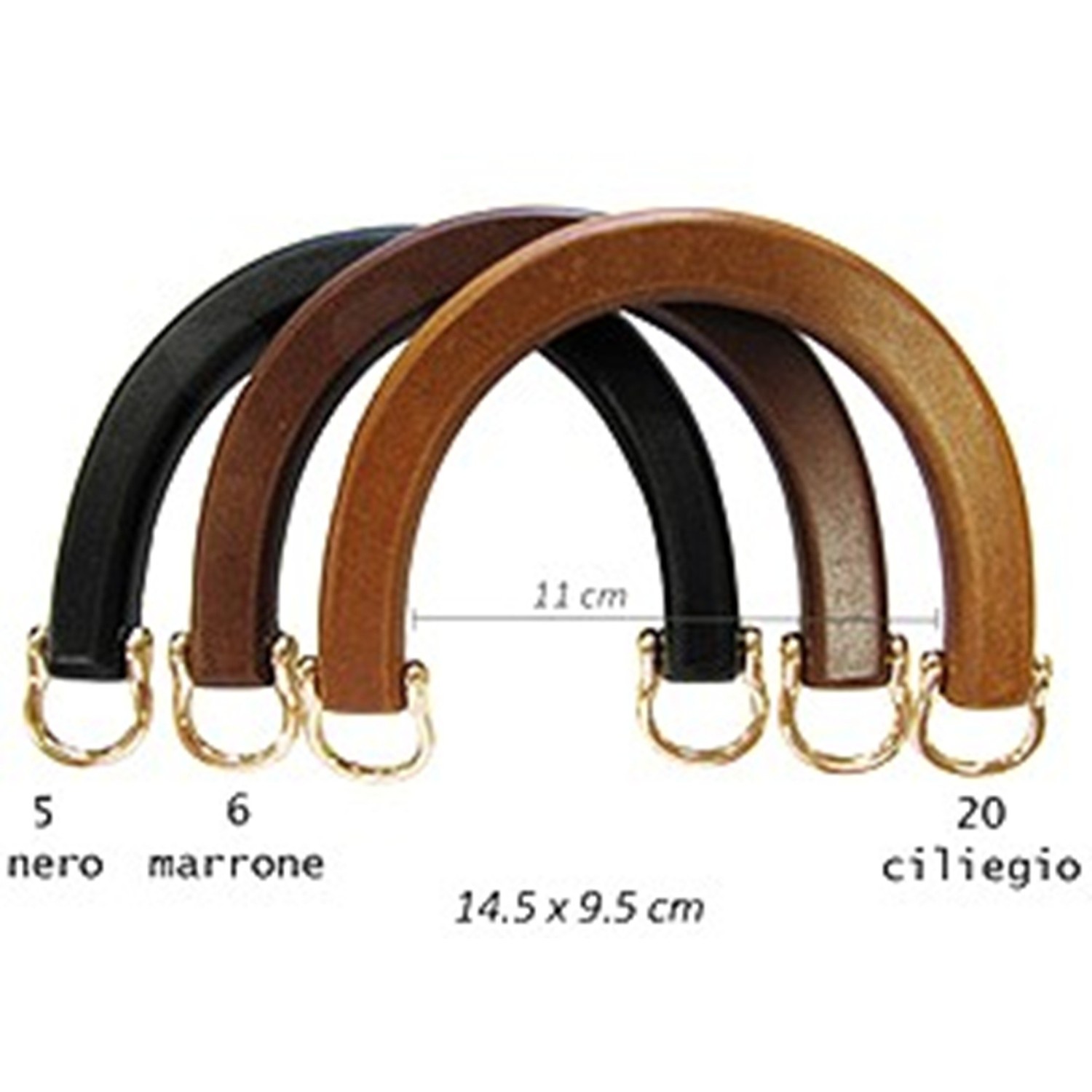 Manico per borsa in legno con anelli in metallo dimensioni 14,5x9,5 cm.