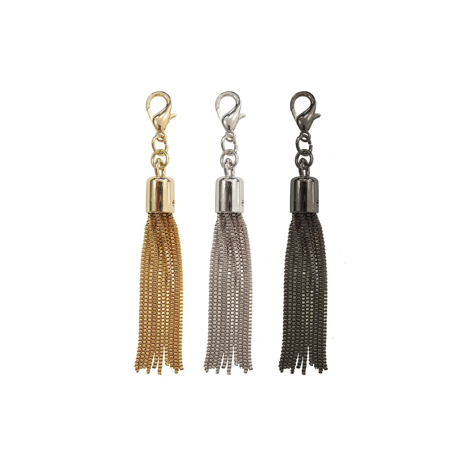 Nappa nappe metallo altezza 12/13 cm. circa con moschettone, decorazioni varie