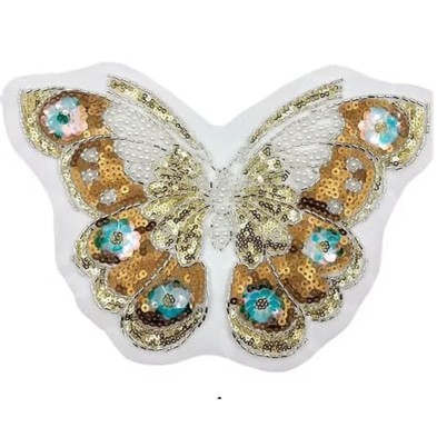 Applicazione Farfalla, realizzata su base tulle bianco con perle, paillettes e canottiglie ricamate 25x18 cm