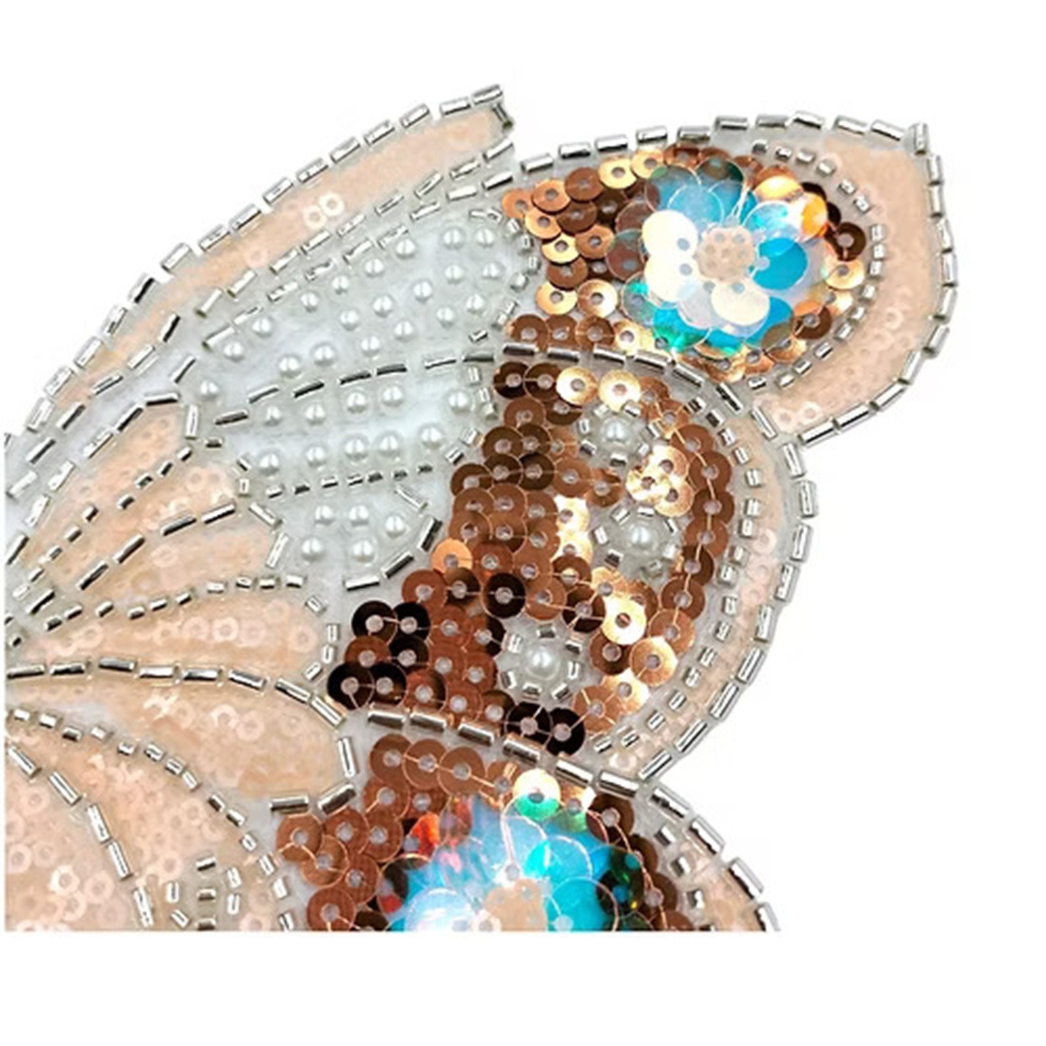 Applicazione Farfalla, realizzata su base tulle bianco con perle, paillettes e canottiglie ricamate 25x18 cm