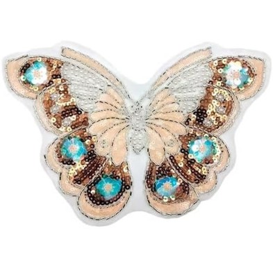 Applicazione Farfalla, realizzata su base tulle bianco con perle, paillettes e canottiglie ricamate 25x18 cm