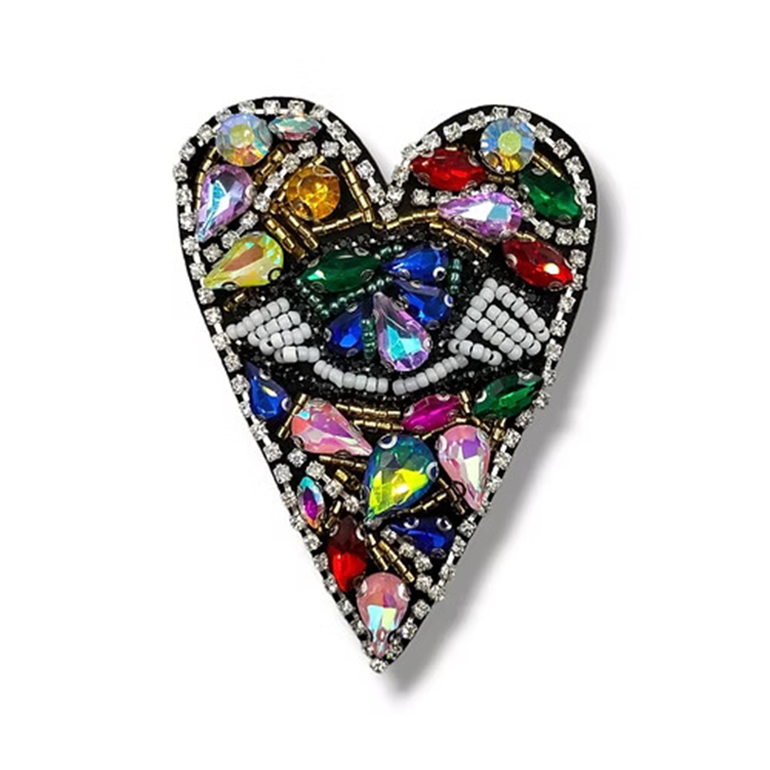 Applicazione Cuore art. FM35784 con pietre, corallini e strass, ricamati a mano 6.5 cm X 9 cm
