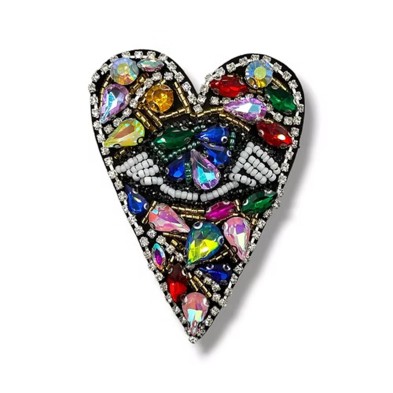 Applicazione Cuore art. FM35784 con pietre, corallini e strass, ricamati a mano 6.5 cm X 9 cm